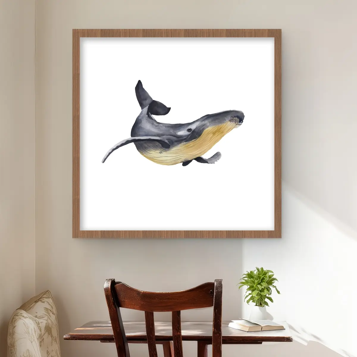 Begin Home Decor C1FM2424YKLID0 24 x 24 in. Watercolor Blue Whale - Scandinavian Animals Framed Print Wall Art