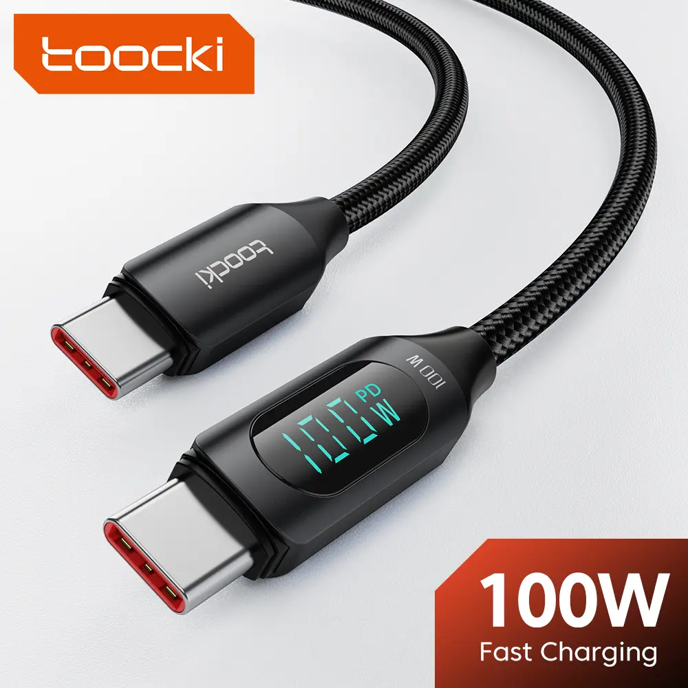 Toocki 1pc/2pcs 3.3ft/6.6ft type-c to type-c PD100W fast charging digital display data cable High-speed transmission E-mark chip supports most type-c interface mobile phones, laptops, power banks, etc