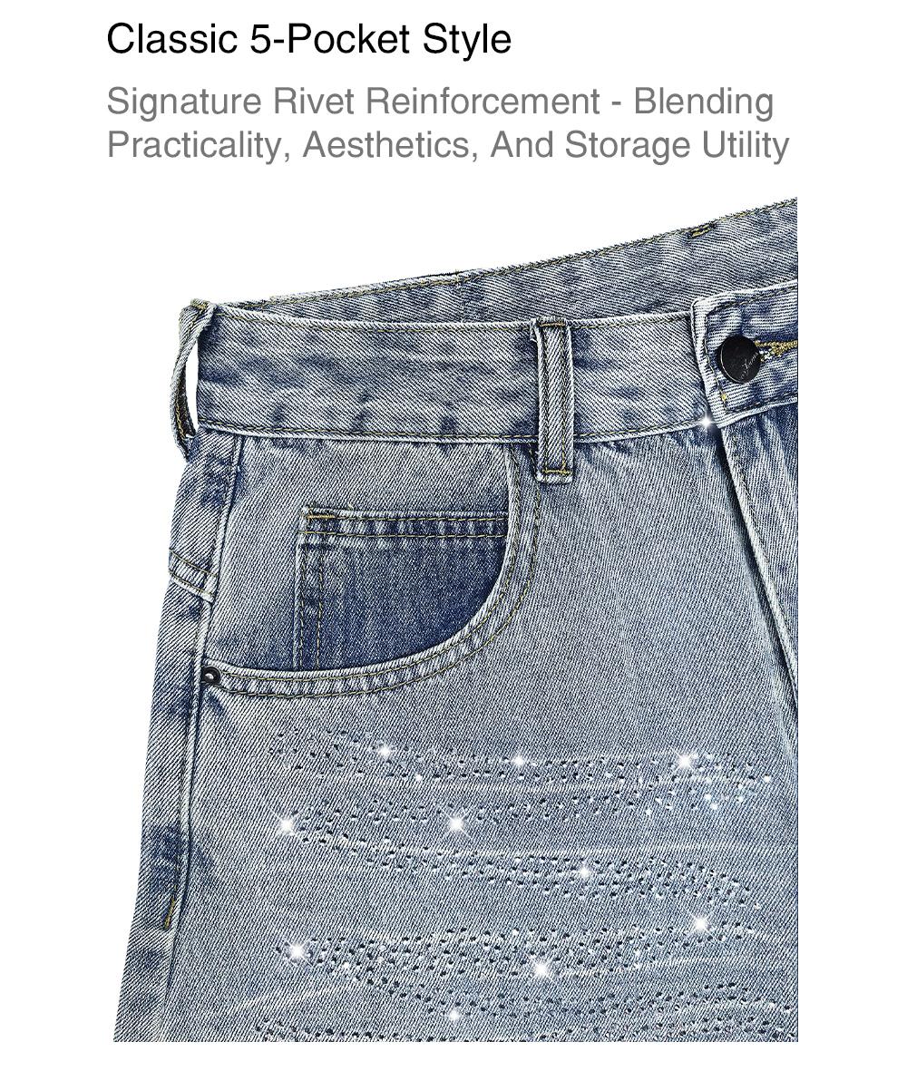 Lux Lee Rhinestone Baggy Barrel Jeans - Vintage Enzyme-Washed Denim, Sparkling Rhinestone Stripes, High-Waisted Tummy Control, Flattering Wide-Leg Fit, Eye-Catching Glittery Street Style For Trendsetters