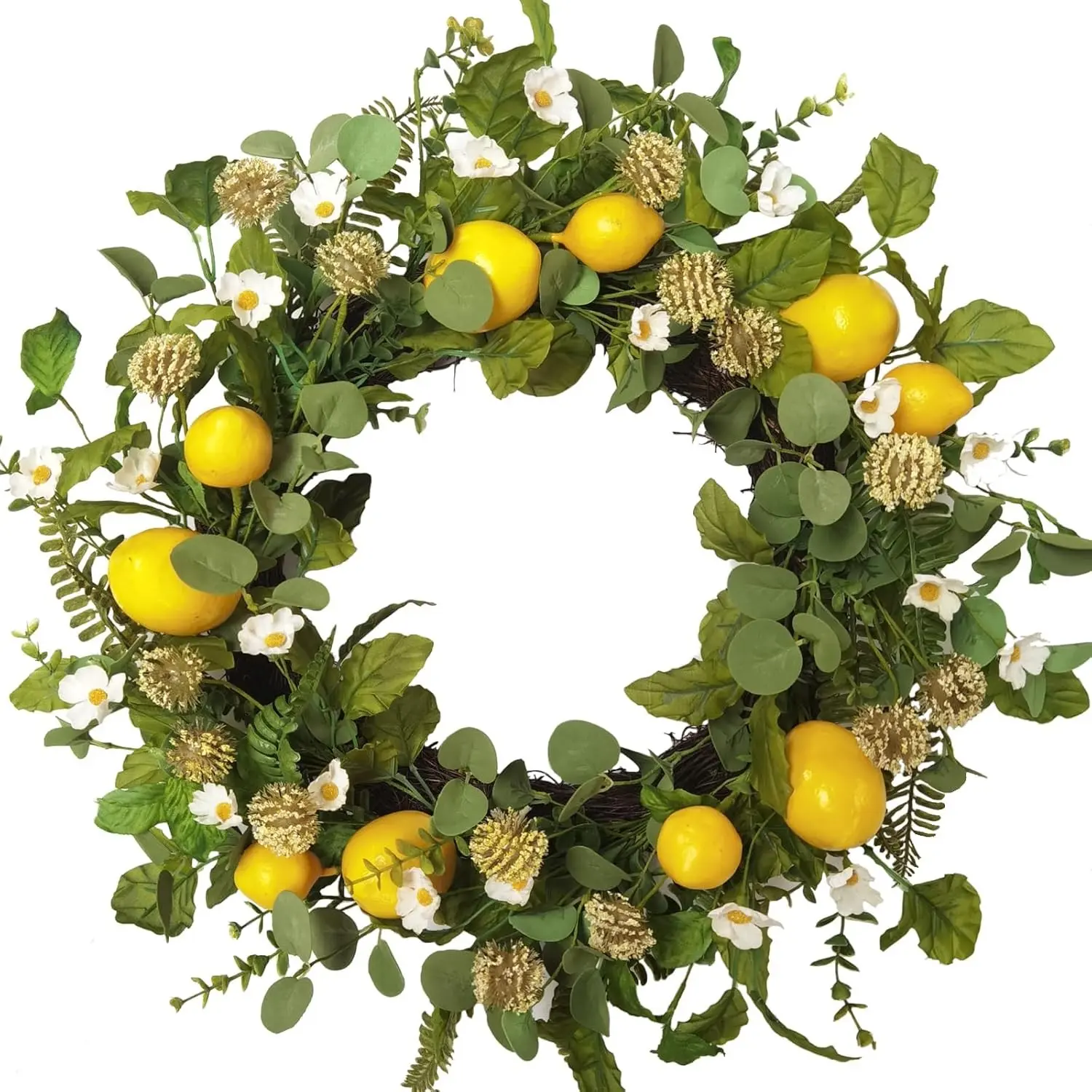 22 Inch Summer Yellow Lemon Wreath with Green Leaves for Front Door, Spring Summer Lemon Eucalyptus Wreath for Inside and Outside, Wedding Wild Flowers Decor