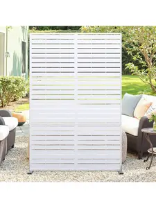 White/Horizontal Slat- Metal Privacy Screen 72" H X 47" W, Outdoor Privacy Screens And Panels, Freestanding Decorative Fence For Patio Lawn Garden Deck Balcony, 3-Panel Outdoor Divider With Stand