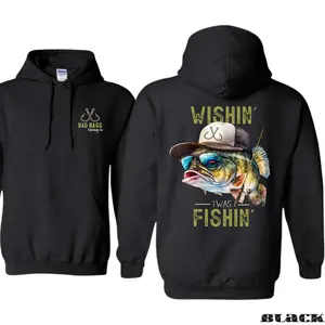 Wishin’ I Was Fishin’ Hoodie – Funny Bass Fish Graphic for Fishermen, Outdoors Gift for Him, Cool Menswear, Vacation Outfits, Streetwear shirt  everyday