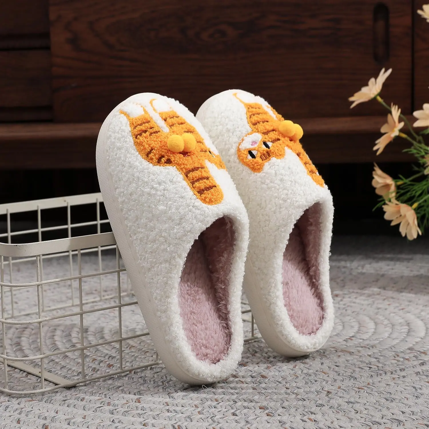 Women's Orange Cat Plush Slippers - Warm Home Shoes, Soft Fuzzy Home Wear with Pompoms Bells, Double Pom-Pom Bell Decor, Round Toes, Playful Look for Indoor Use, Rubber Sole