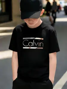 T-Shirt with Calvin Graphic Print, Lightweight Summer T-Shirt, Suitable for Outdoor Activities, Daily Leisure And Formal Occasions - Boys' And Girls' Breathable Crew Neck Shirt, Comfortable Fit, Casual Wear, Minimalist Design, Soft Material