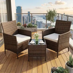 3 Pieces Weather Resistant Rattan Patio Set,Comfy Thick Cushioned Outdoor Chairs With Side Coffee Table,Classic Woven Conversation Bistro Furniture For Garden Backyard Balcony Porch