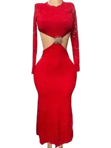 Women's Red Dress with Long Sleeves Cut-Out Design Rhinestone Belt for Elegant Occasions Perfect for Special Events