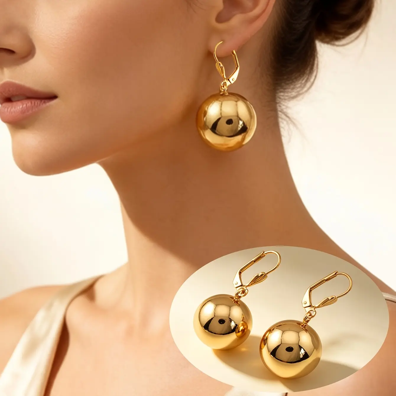 Women's 18mm Oversized Golden Round Ball Earrings - European-American Style Copper Drop Jewelry, Festive Accessory for Daily Dates Weddings