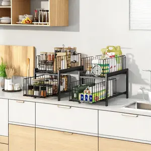 Under-Sink Organizers Pull-out Cabinet Wire Baskets Large Capacity Sturdy Drawer snack 2-Tier in Kitchen Bathroom Metal Black