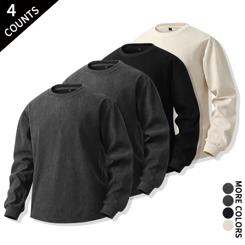 Men’s waffle-textured knit long-sleeve base shirts, 4-pack — soft casual tops for campus, streetwear, and everyday outdoor wear