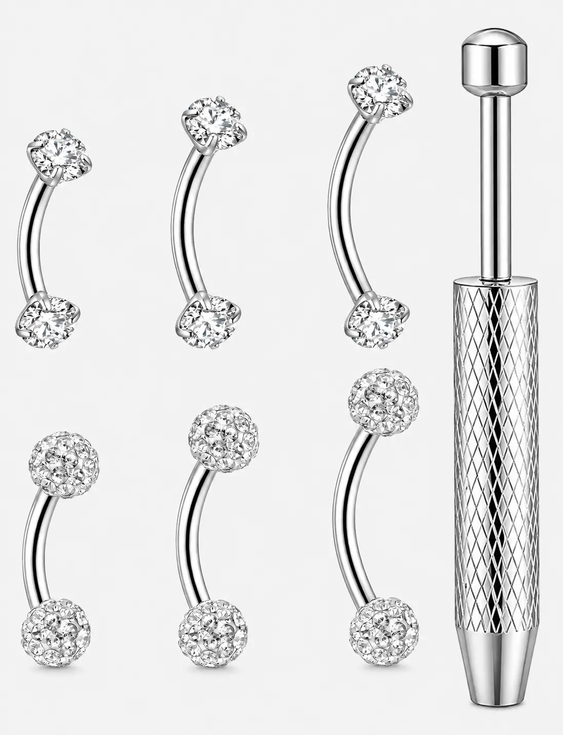 7-Piece CZ Curved Barbell Piercing Set - Dainty Belly Button, Eyebrow & Lip Rings with Free Tool