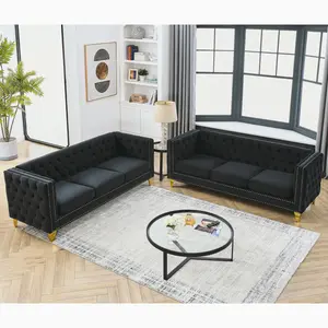 2PC Velvet Sofa Couch Set for Living Room,Button Tufted 3 Seater Sofas Set of 2,Modern Upholstered 3-Seat Couches with Nailhead Trims,Golden Metal Legs for Bedroom