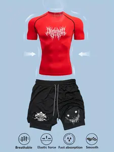 Men's Casual Sportswear Set, Athletic Sports Clothing, Quick-Dry Short Sleeve Gym Shirt & Multi-Pocket Double-Layer Gym Shorts, High-Stretch for Summer Workouts