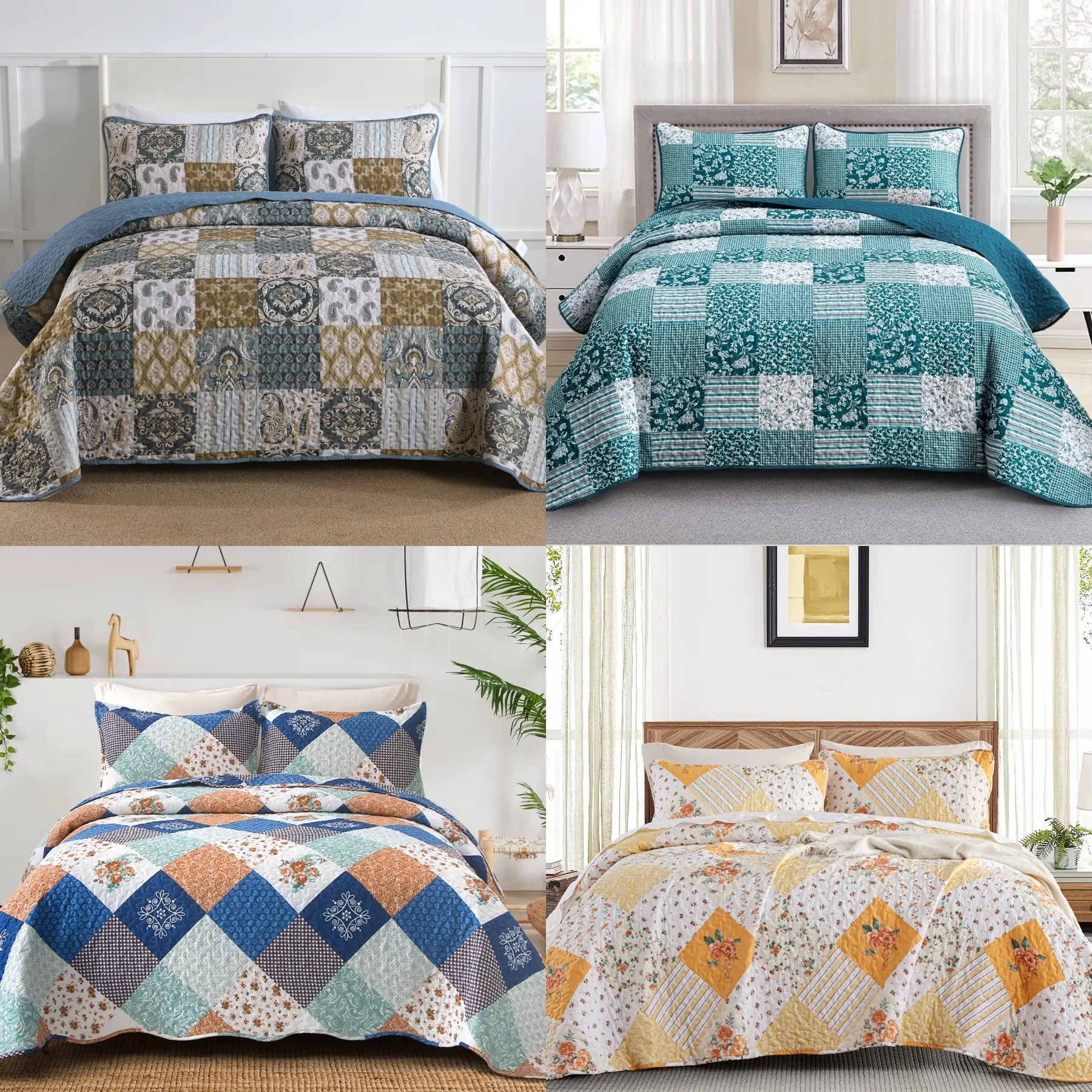 Boho Paisley Quilted Bedspread Set Queen King Size Patchwork Plaid Bedding Sets Rose Red Navy Blue Microfiber Coverlet Quilt Set for All Season