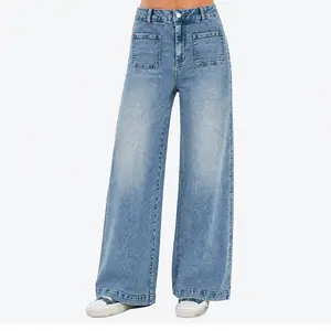 Women’s High Stretch Wide Leg Jeans mid-high rise Loose Fit Baggy Denim Pants Casual Straight Leg Jeans with Pockets Y2K Trendy