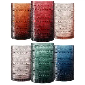 Khen Plastic Hobnail Drinking Highball Glasses Set of 6 Neutral Tones Cups 14oz, Shatterproof & Unbreakable Acrylic Beaded Design, BPA-Free, Dishwasher Safe Indoor/Outdoor Drinkware Water, Cocktails