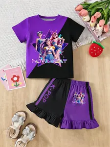 Trendy Nova Beat Themed Kids 2-Piece Set, & K-Pop Tee + Ruffle Shorts, Y2K Style Fashion for Little Girls, Casual Leopard Pattern Suit