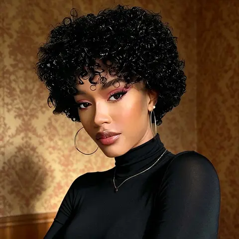 Onetide Hair Glueless Curly Bob Wig With Bangs Wear And Go Short Curly Vietnamese Human Hair Wig for Women High Density No Lace Machine Made Wig Strong and Fluffy