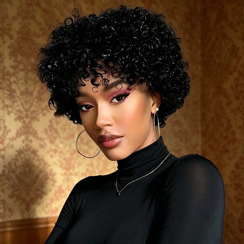 Onetide Hair Glueless Curly Bob Wig With Bangs Wear And Go Short Curly Vietnamese Human Hair Wig for Women High Density No Lace Machine Made Wig Strong and Fluffy