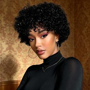 Glueless Wigs Short Curly Bob Wig with Bangs Wear To Go Short Curly Human Hair Wig for Women 180 Density Brazilian Virgin Human Hair Glueless No Lace Machine Made Wigs