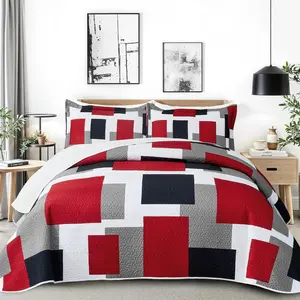 3 Piece Red Black Grey Set Full/Queen Size Christmas Red Geometric Reversible Bedding Set Microfiber Lightweight Bedspread Coverlet with 2 Shams Bed Cover for All Season, 90''x96''