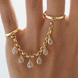 [Fashionable Ring] Copper Inlaid Zirconia Stone 1pc Finger Ring | Horizontal Tassel Chain Women's Jewelry Wedding Banquet Accessories Wedding Season Gift