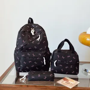 2026 New Bowknot Three-Piece Set Large School Bag Large Capacity Backpack for Leisure Travel