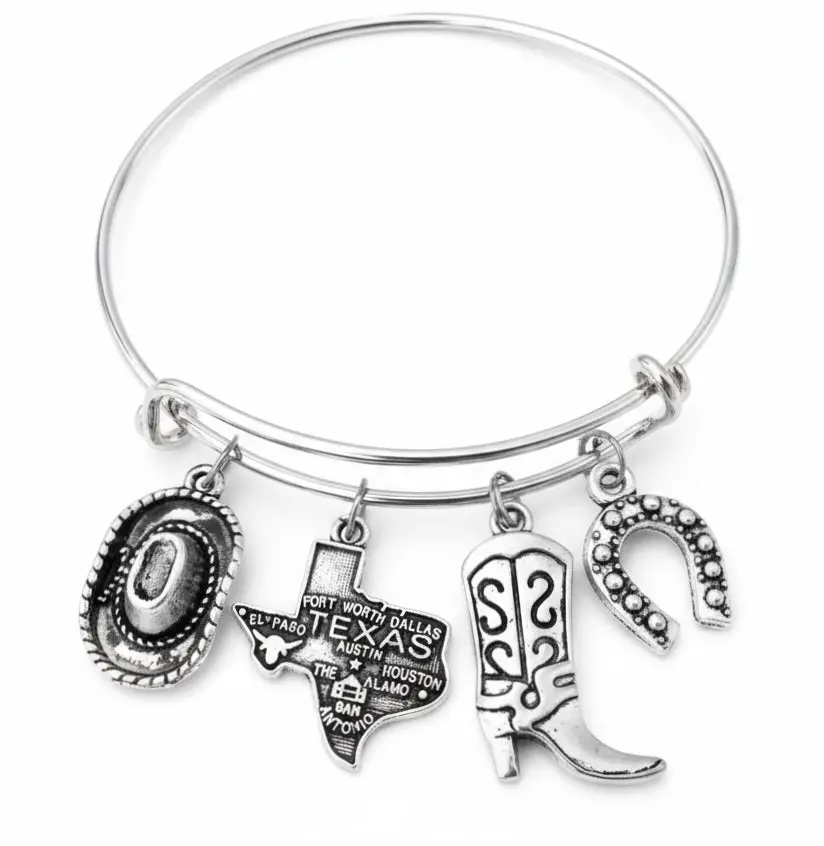 Texas Themed Jewelry Adjustable Charm Bracelet Silver Expandable Bangle - One Size Fits All, Gift from El Paso, San Antonio, Austin, Fort Worth, Houston, Dallas