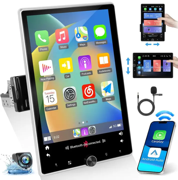 RIMOODY Single DIN Car Stereo 10.4 inch Touchscreen 180° Rotate Vertical/Horizontal Screen Bluetooth Audio with CarPlay Android Auto Mirror Link FM Radio USB EQ Camera Option MIC, Android Car Player, 4X45w Amps