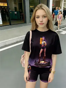 Girls Idol Singer Gradient Print Short-Sleeve Tee Set, Trendy Anime Style Casual Outfit