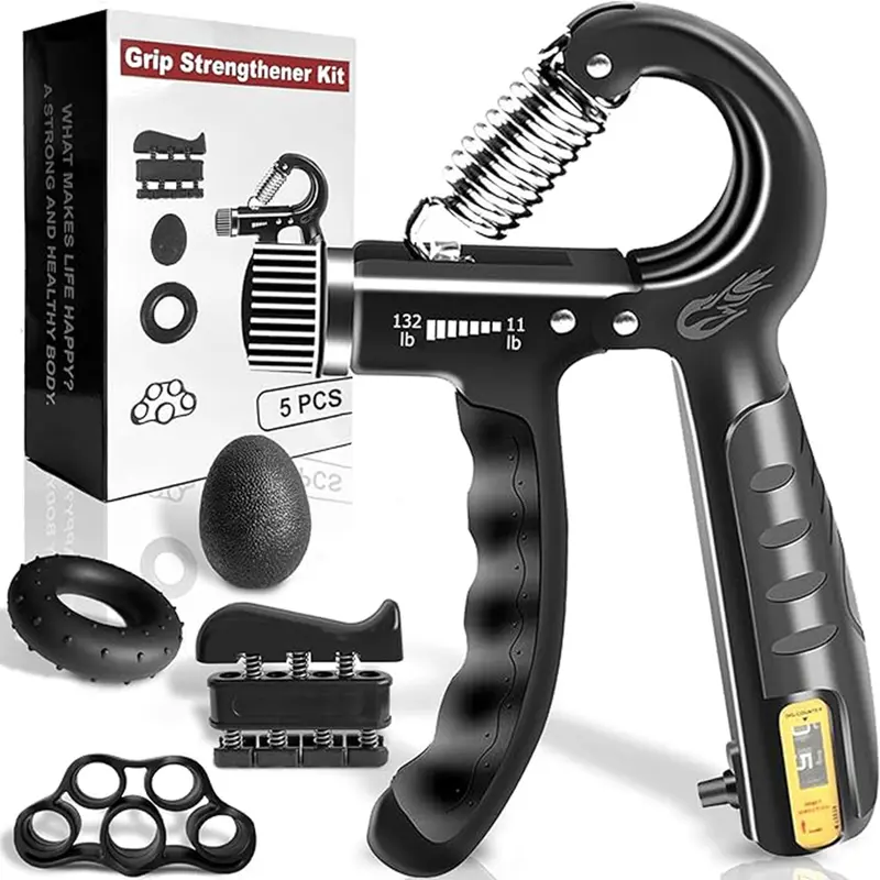 Unisex 5-Pack Silicone Grip Strengthener Kit - Adjustable 11-132lbs Resistance Fitness Equipment with Forearm Strengthener, Hand Squeezer, Finger Stretcher, Grip Ring, Relief Ball, Counting Function, 4lbs per Finger, 50lbs, 6.6lbs for Golf, Rock Climbing