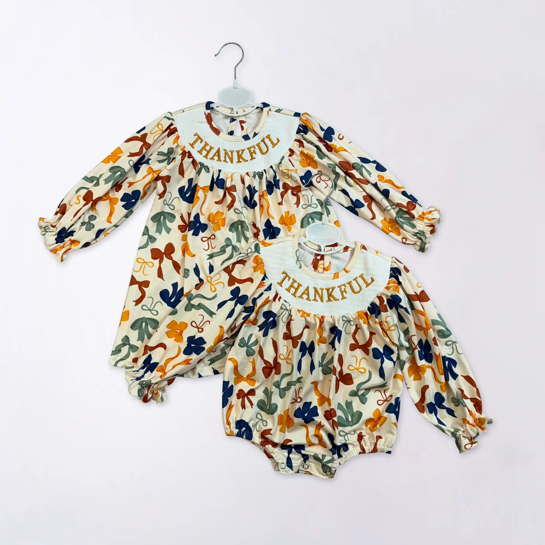 Girls' Thanksgiving Plaid Smocked Dress with "Thankful" Embroidery, Long Sleeve Peter Pan Collar, Smocked Dresses