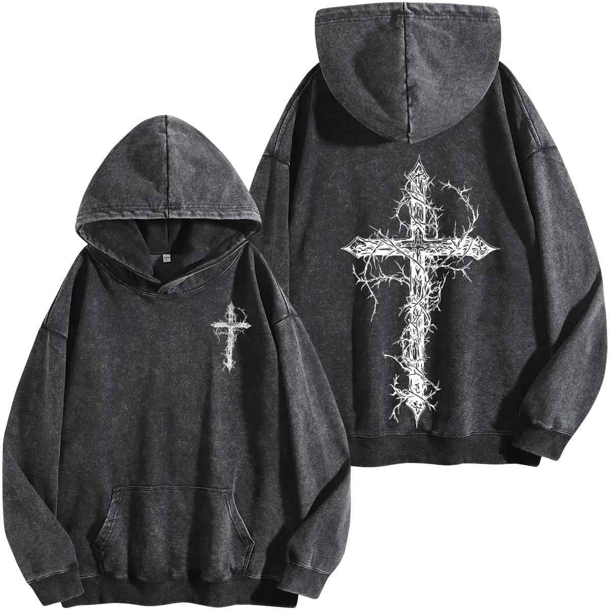 Thorn Cross Gothic Cross Washed Hoodie Biblical Cross Art Tee Jesus Tshirt , Cross Tee, Christian Apparel Streetwear Menswear Oversized Top Men and Women Bible Verse Church Outfit Gym Pump Cover