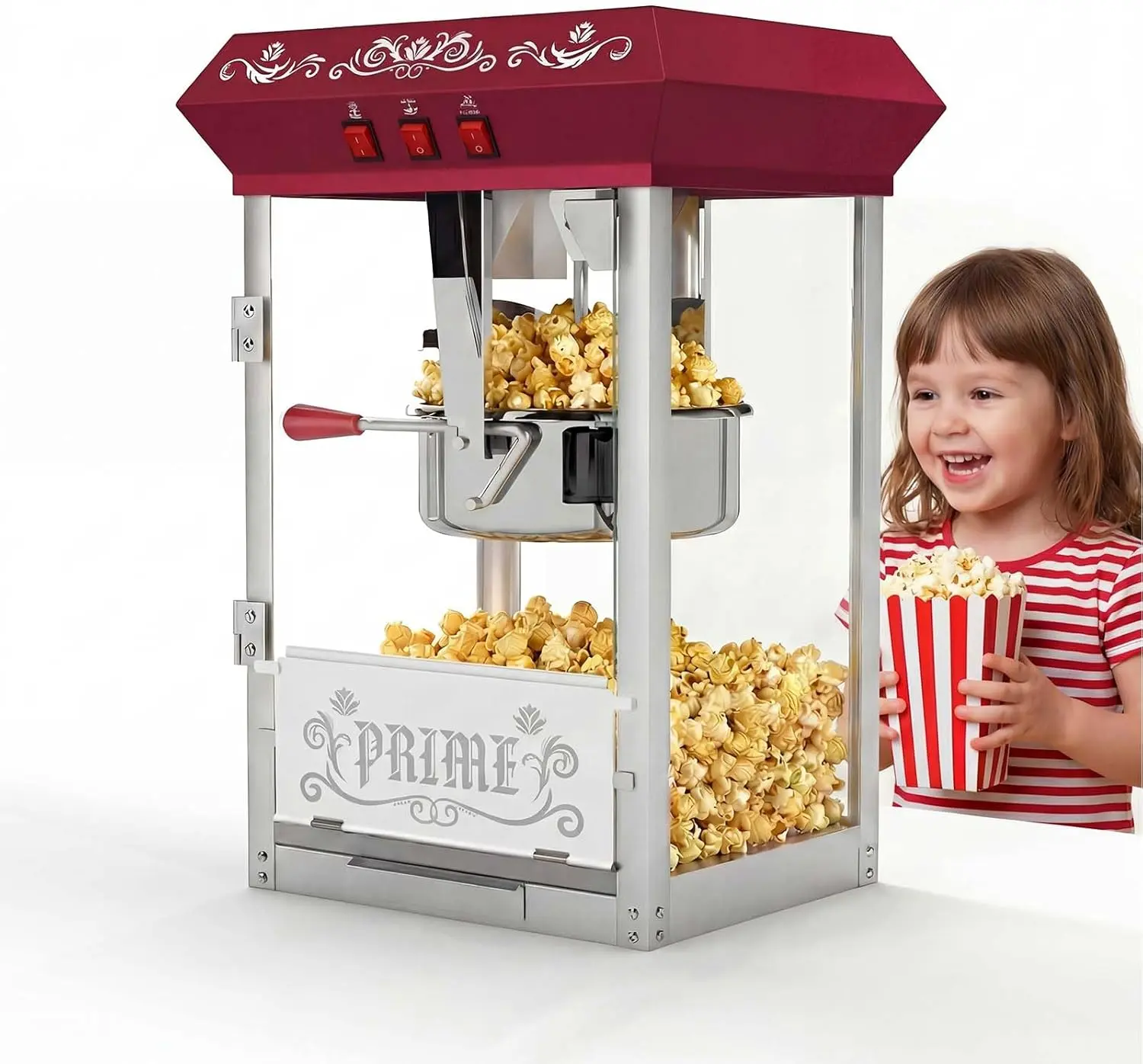 12oz Countertop Popcorn Machine - 800W Standard Plug-in Casual Cinema Evenings Style Maker with Stainless Steel, Tempered Glass, Heatable Warming Deck, Independent 3-Switch Control for Home, Small Commercial Use