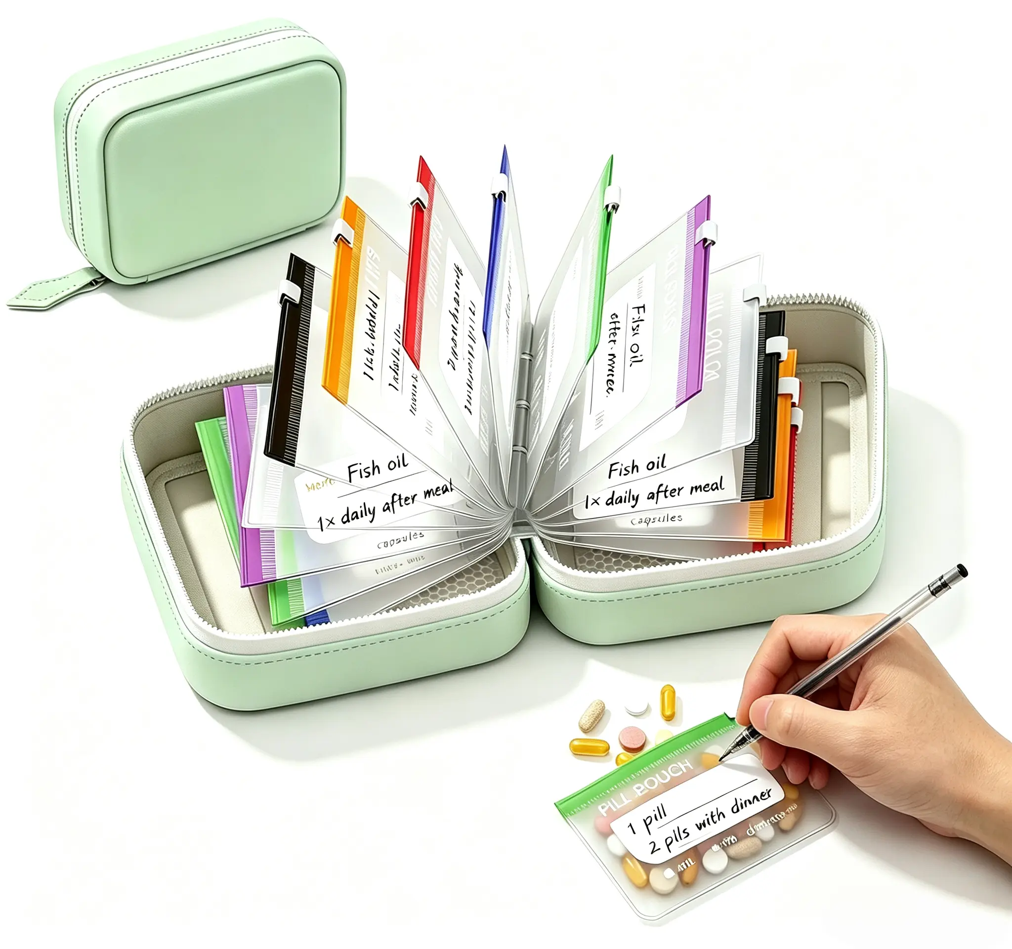 Waterproof Daily Pill Organizer Set with 14 Color-Coded Reusable Compartment Pill Pouches, 7-14 Days Medication Storage, Zippered A8 Travel Pouch for Vitamins, Fish Oil, Compartments
