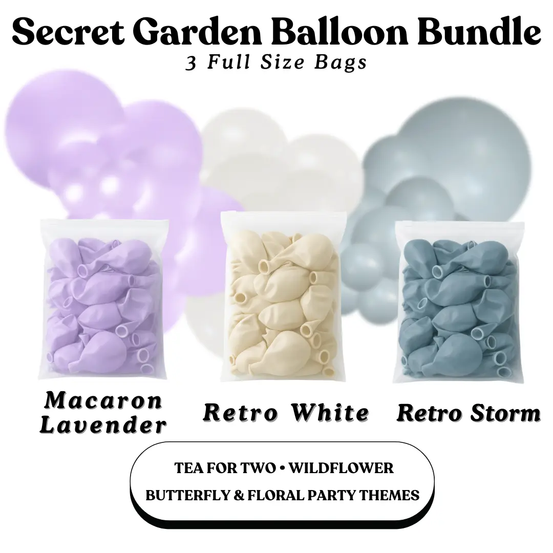 Secret Garden Balloon Bundle - Macaron Lavender, Retro White, Retro Storm - Sizes 5"- 12"- 18"