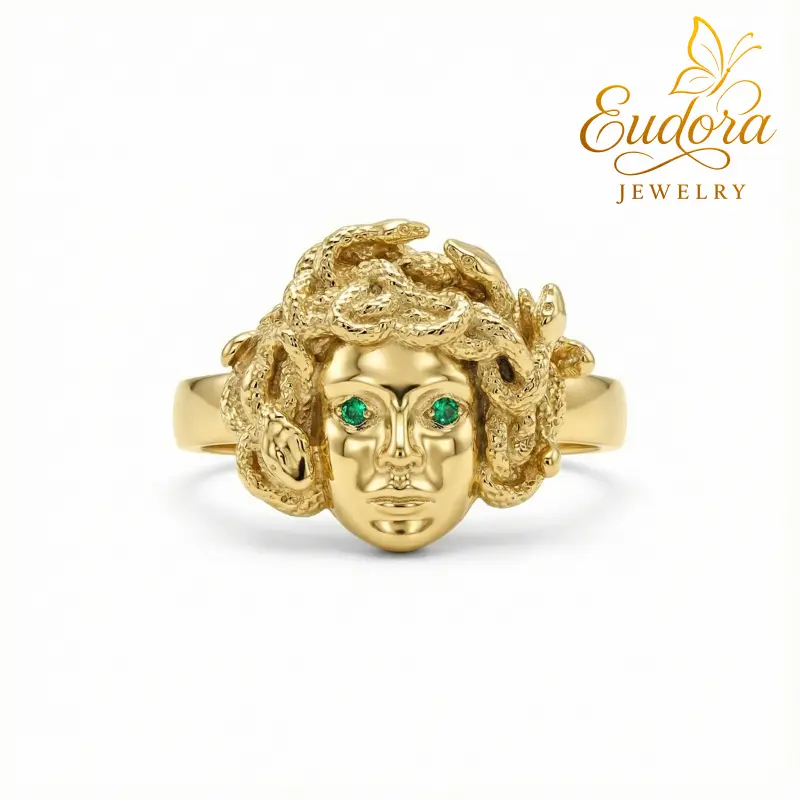 Eudora 925 Sterling Silver Medusa Ring 18K Gold Plated Greek Mythology Gorgon Serpent Adjustable Open Band Protective Statement Jewelry