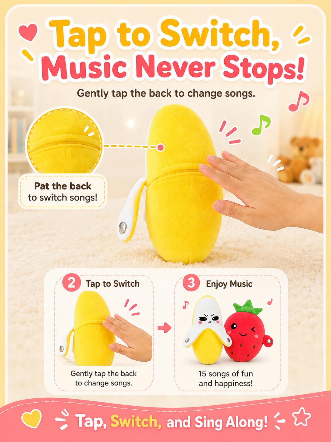 Soft Plush Interactive Musical Fruit Shapes Stuffed Toy (Banana/Strawberry) for Ages 3+, Tactile Play, Touch Sensors, 15 Built-In Songs, 2-Player Mode Parent-Child Interaction, Free Rechargeable AA Starter Kit (Batteries+Mini Screwdriver), 22x9.5x20cm, Tw