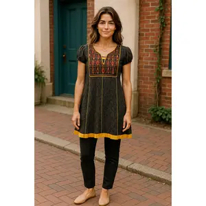 Black Design Kurti with Mango Print with Red, Orange and Gold V-Neckline, Short Sleeves Balloon Kurti, Top.