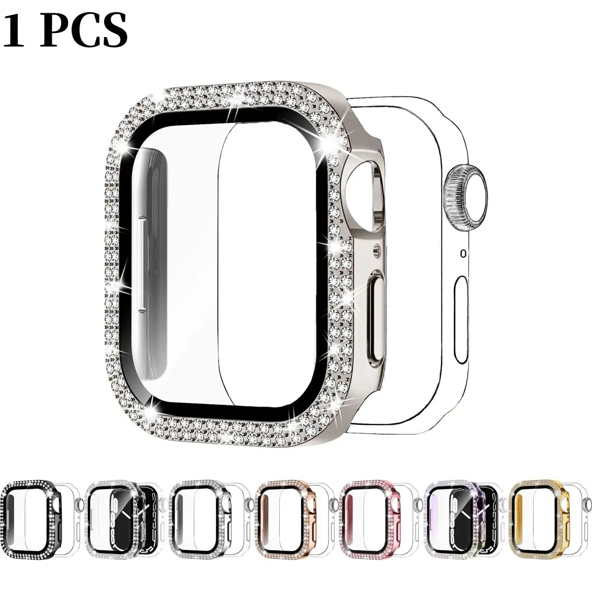 1pc Rhinestone 2-in-1 Watch Case with Tempered Glass Screen Protector, Protective Shield, Anti-fall Durable Ultra-Thin Cover for Apple Watch 38/40/41/42/44/45/49mm Series Ultra/SE, Wearable Accessories, Smartwatch Accessories for Men & Women, Protection