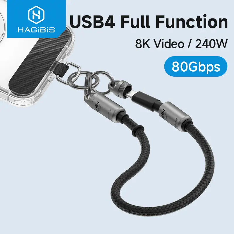 Hagibis USB4 Portable Cell Phone Lanyard Data Cable Wrist strap USB C to Type-C Mini Short Cable Keychain 240w 80Gbps For iPhone16 Pro Thunderbolt 4/3 SSD Power Bank carrying hands-free, Lanyard Cord, Type-C Port