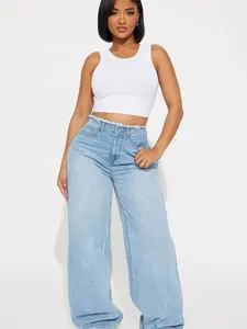 In Your Dreams Cut Off Waistband Baggy Jean - Medium Wash