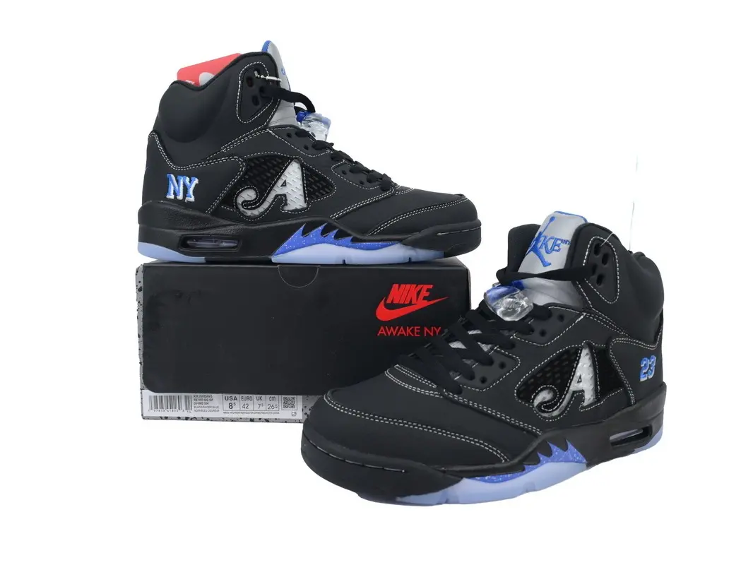 Black Suede High Top Basketball Sneakers, Royal Blue Graphic Accents, Icy Transparent Outsole, Mesh Side Panel, Retro Basketball Shoes for Men Women