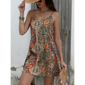 Paisley Print V Neck Cami Dress, Vacation Style Sleeveless Dress For Spring & Summer, Women's Clothing