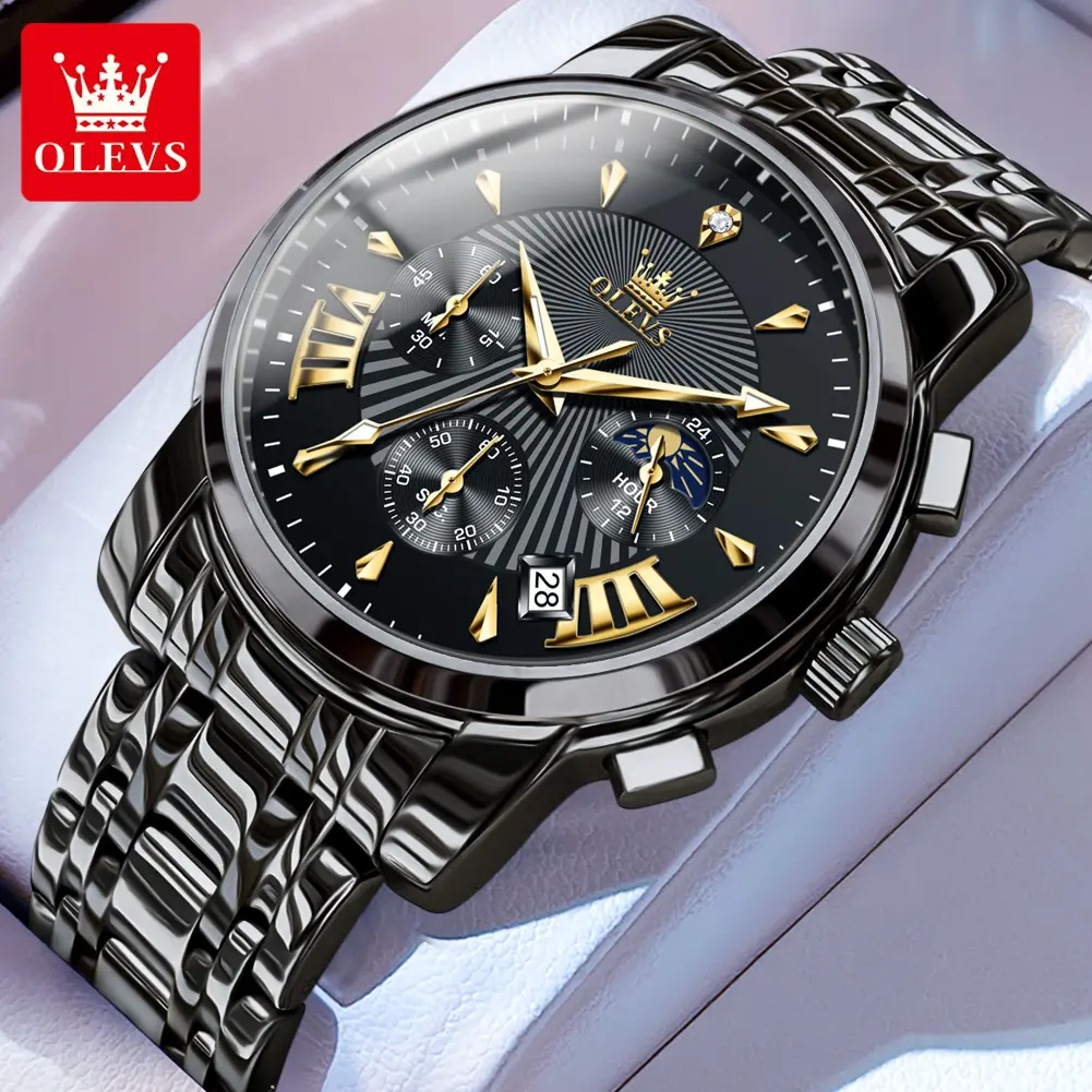 OLEVS Original Brand Men's Multifunctional Chronograph Analog Watch (Model 2892) - 30M-50M Waterproof, Adjustable Stainless Steel Buckle, Luminous Quartz, Calendar, Multiple Colors, Free Box, 3-Year Warranty, Modern Fashionable Wristwatch