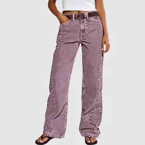Flamingal Solid Seam Front Mid Rise Straight Leg Pants Without Belt