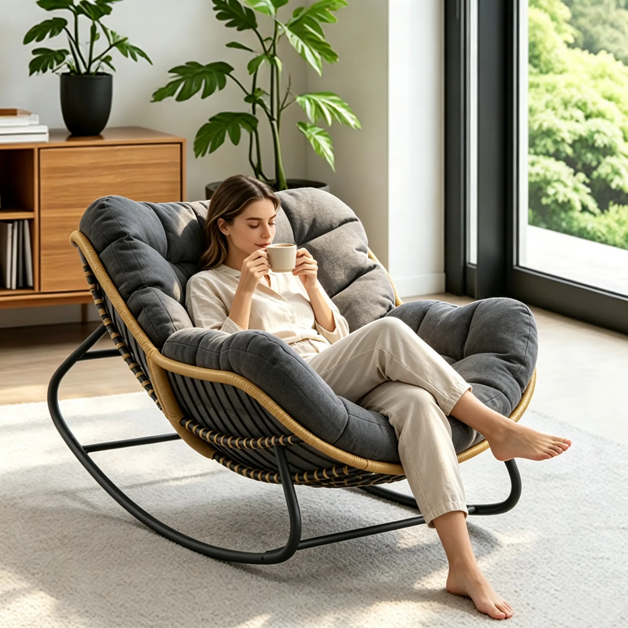 Dark Grey Oversized Papasan Rocking Chair with Padded Cushion - All-Weather Wicker Rattan Lounge Chair for Indoor, Balcony, Living Room