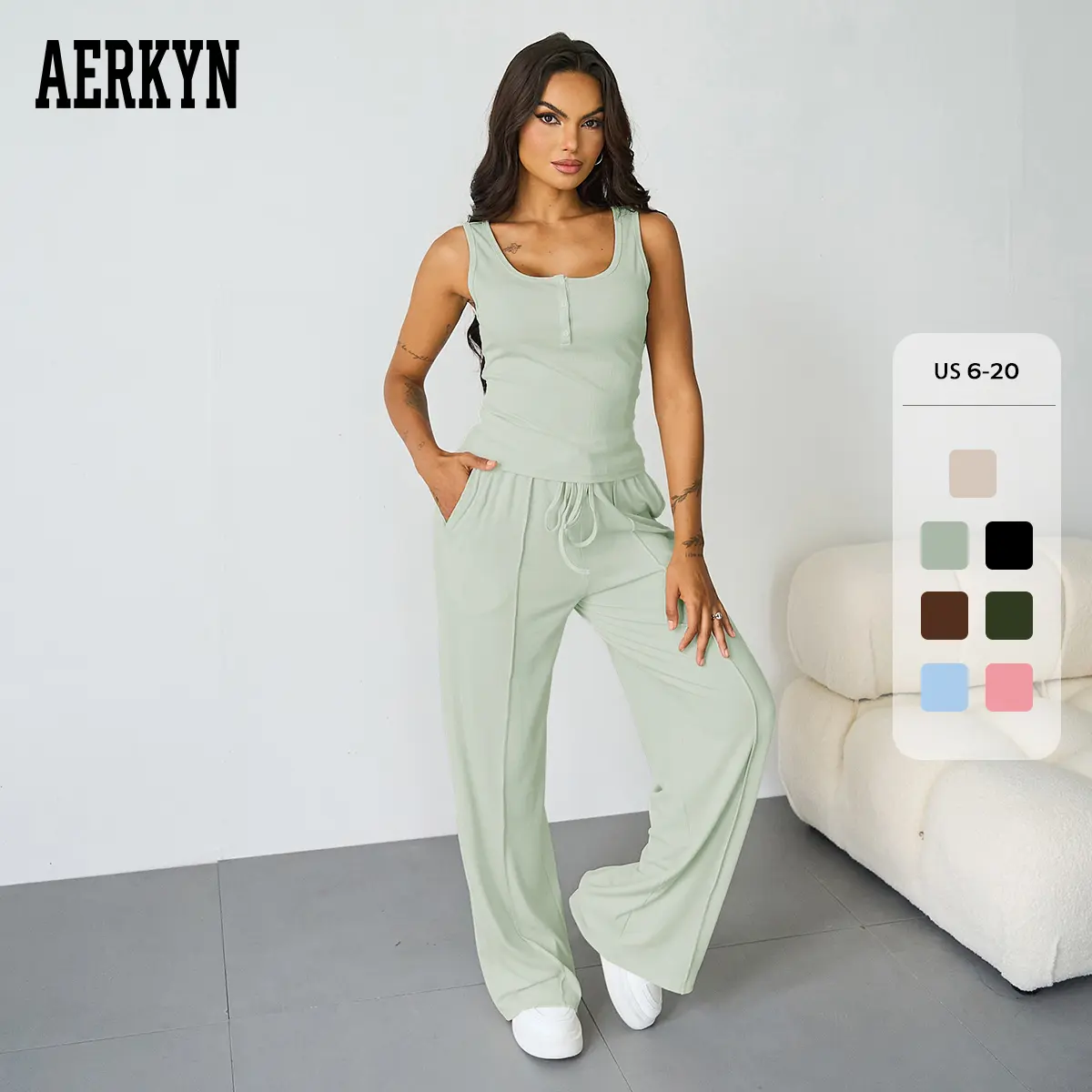 Women's Basic Solid Color Sleeveless Crop Top & Elastic Waist Wide Leg Sweatpants Co-ord, Versatile U Neck Two-Piece Outfits for Spring & Summer (US)
