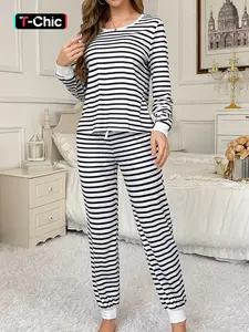2-piece set, Womenswear, black and white horizontal striped printed long sleeved pants, Fitted, soft, comfortable, skin-friendly, smooth round neck top, elastic pants waist bow decoration suitable for all seasons home, everyday casual wear, pajamas