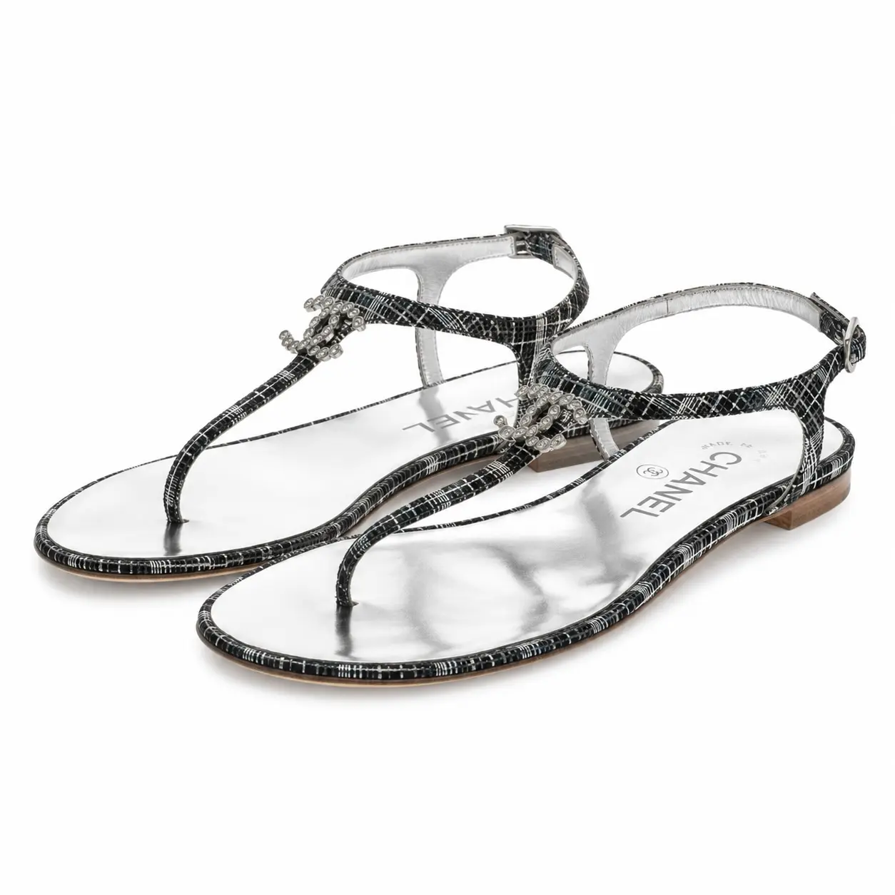 CHANEL Black Metallic Tweed Crystal CC Ankle T Strap Thong Flat Sandals 37.5