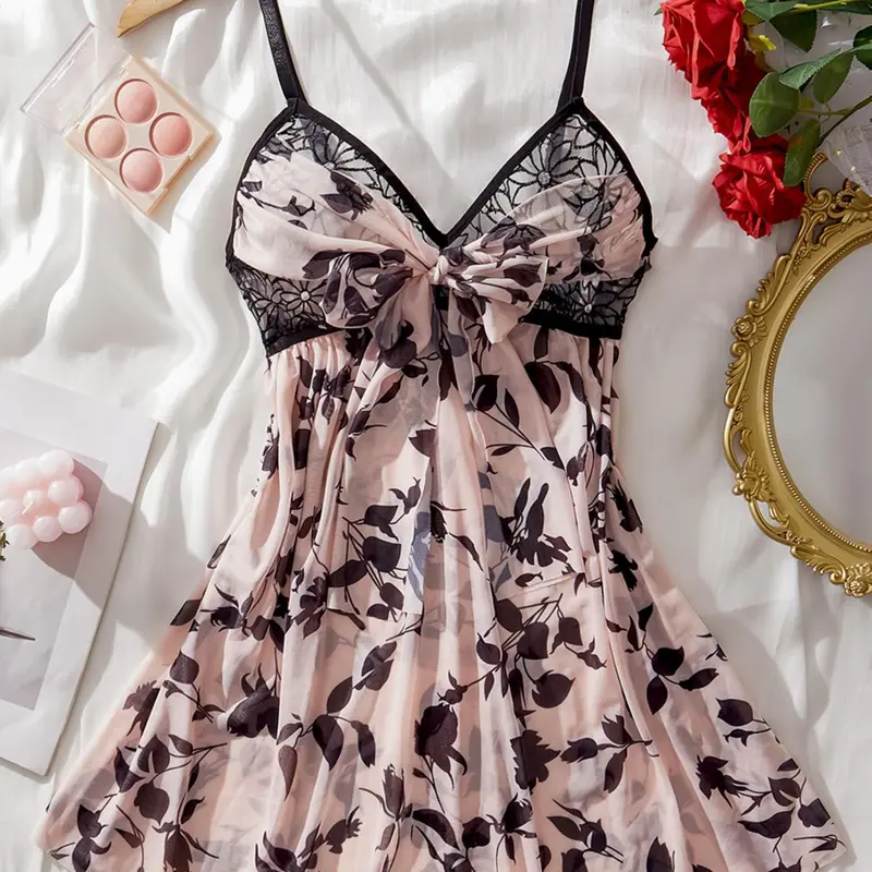 Women's Floral Print Contrast Lace Knot Cami Nightdress, V Neck Sleepwear, Casual Soft Comfortable Spaghetti Strap Nightgown For All Seasons, Ladies Sleepwear For Daily Wear